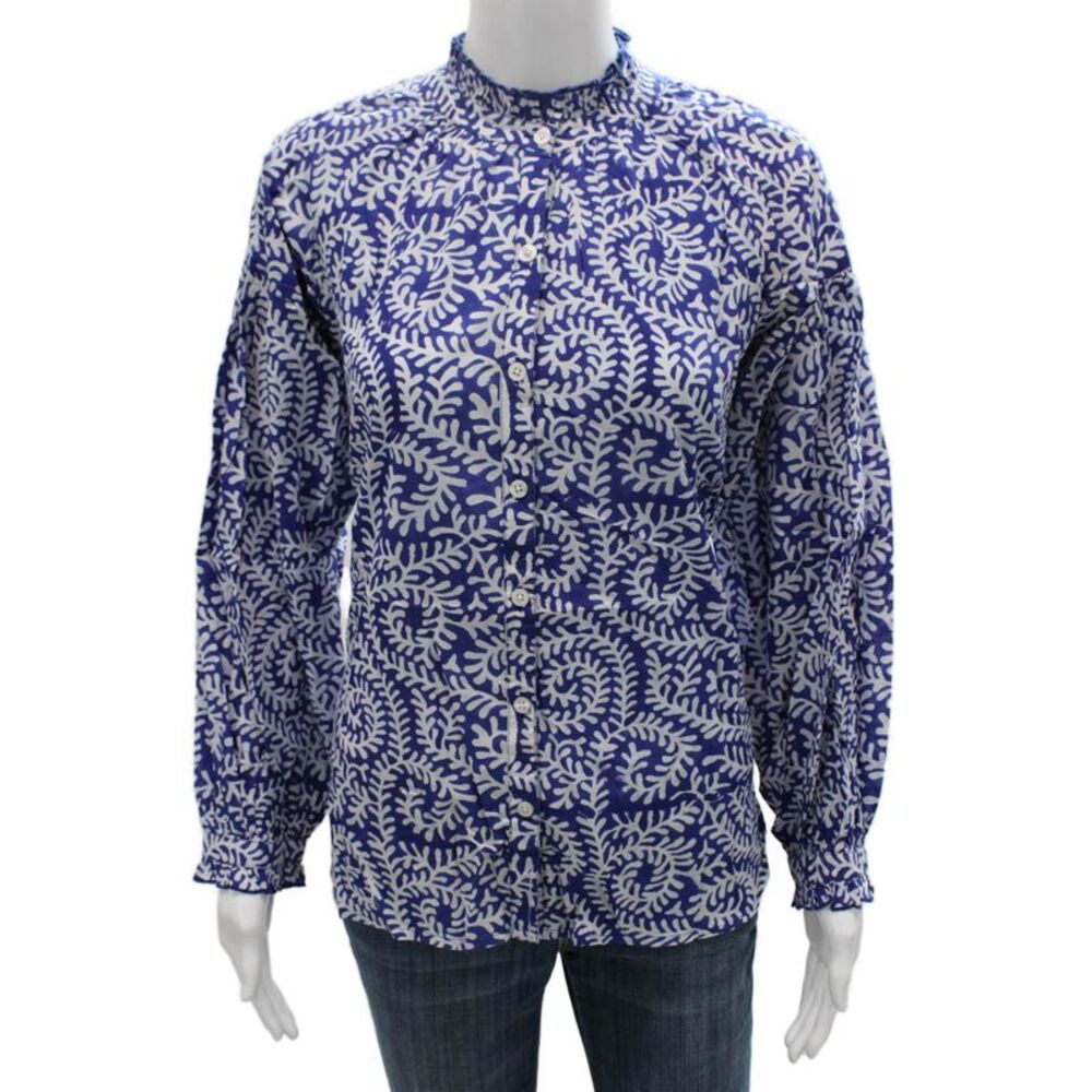Madison Mathews Women Blue Floral High Neck Long Sleeve Blouse Cotton Size S